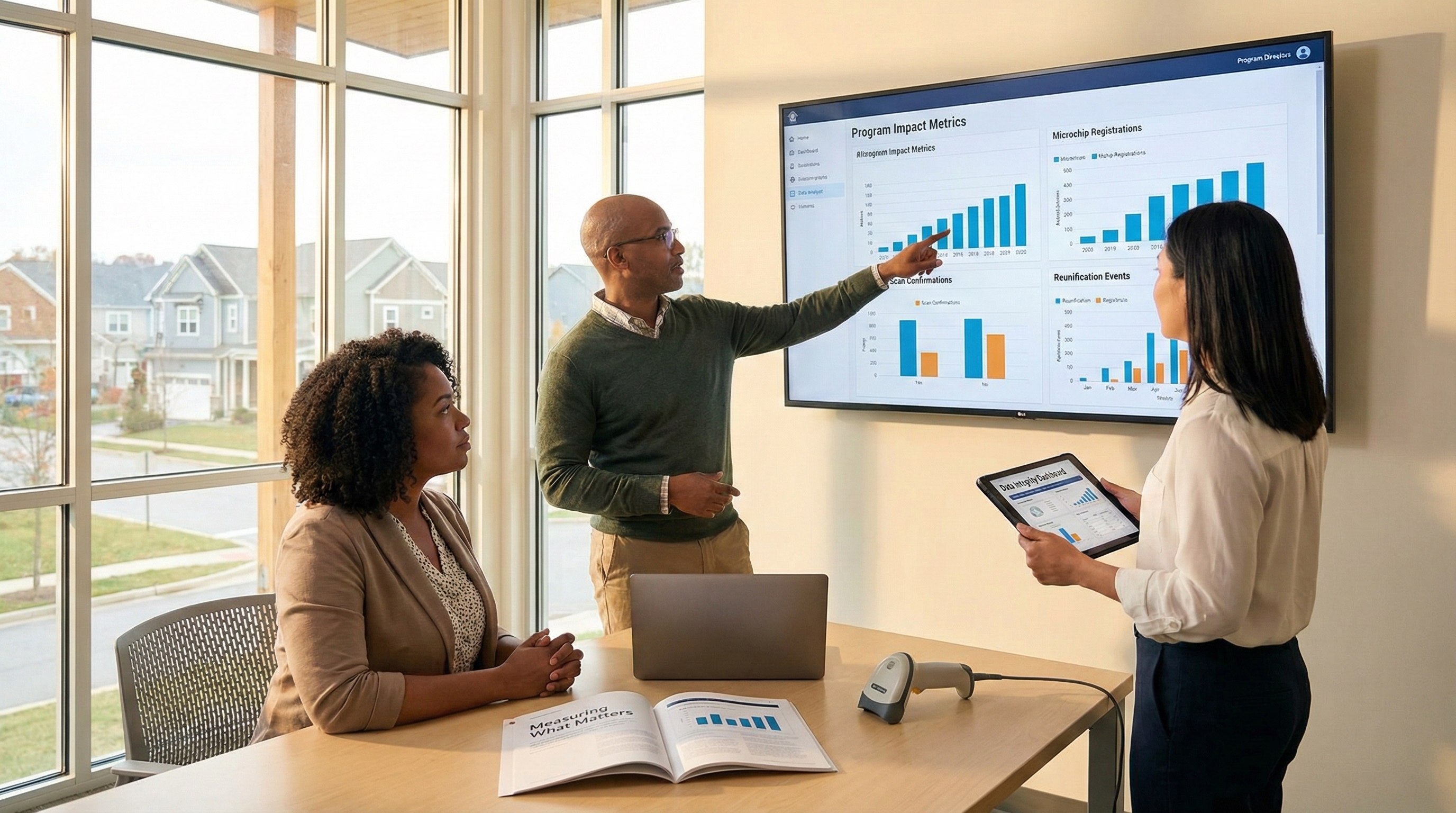 Team reviewing program impact metrics dashboard