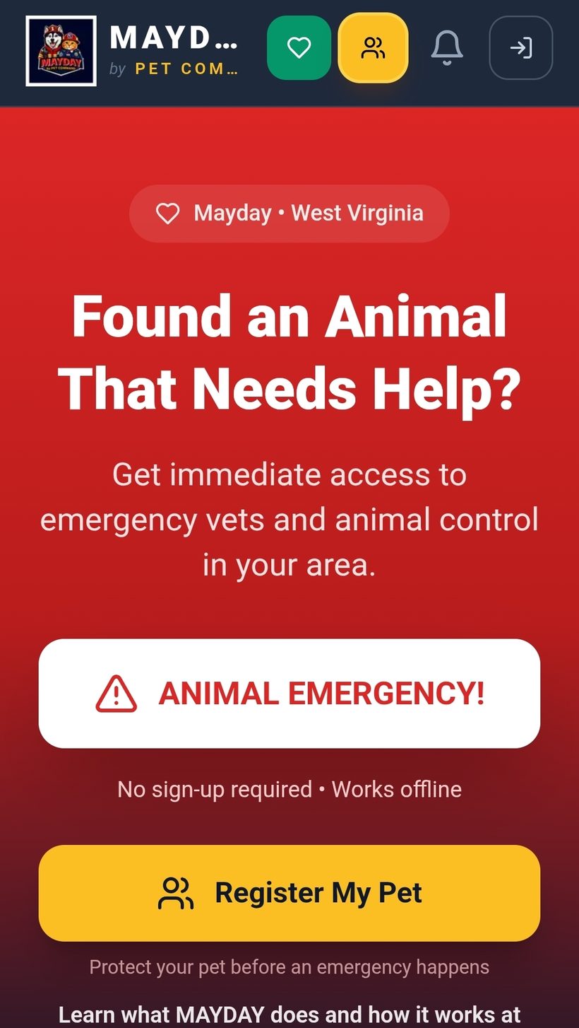 MAYDAY app home screen reading 'Found an Animal That Needs Help?' with an Animal Emergency button