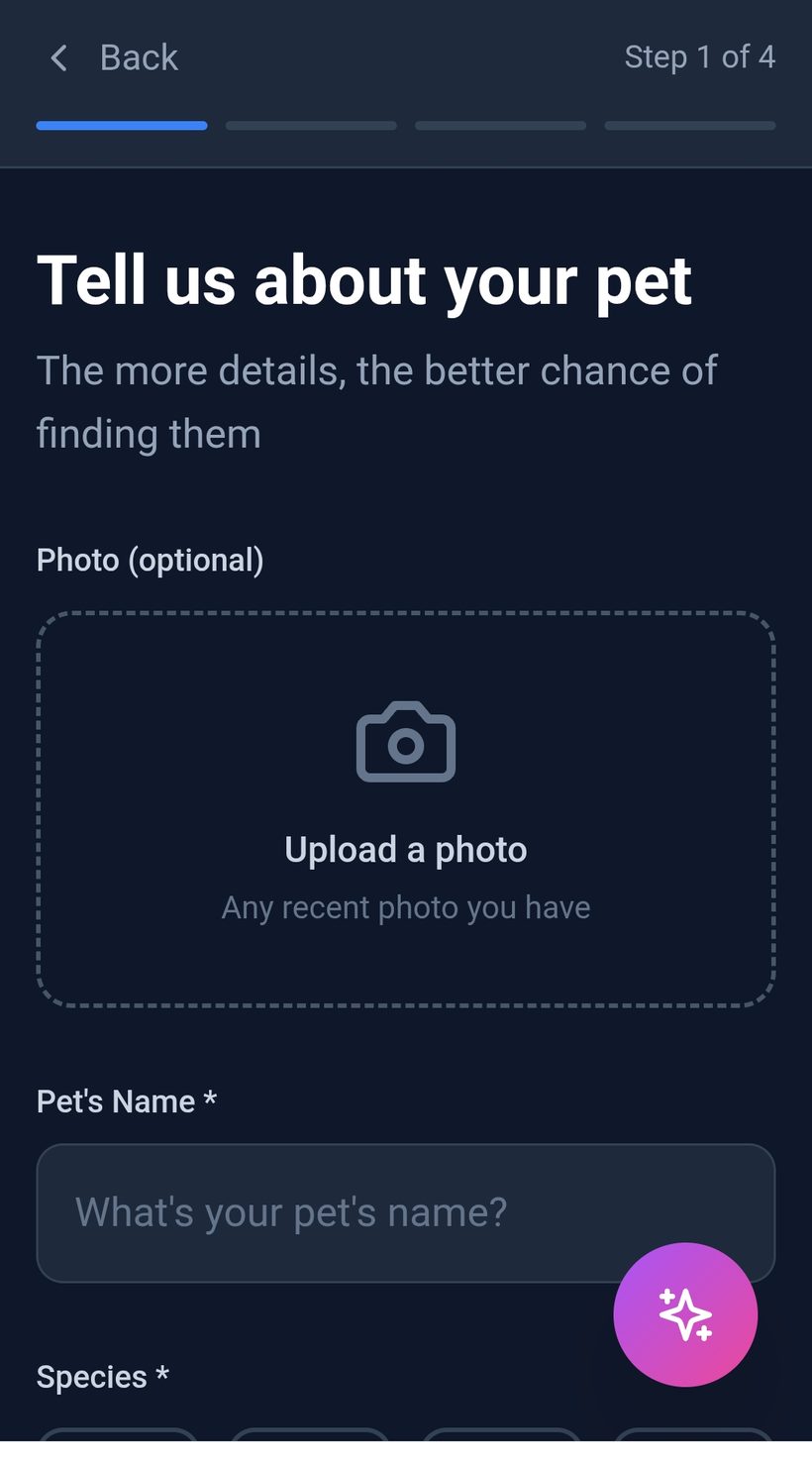 MAYDAY pet registration form, step 1 of 4, titled 'Tell us about your pet'